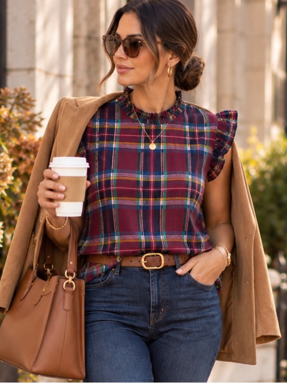 LOFT Burgundy Multicolor Plaid Ruffle Blouse XL